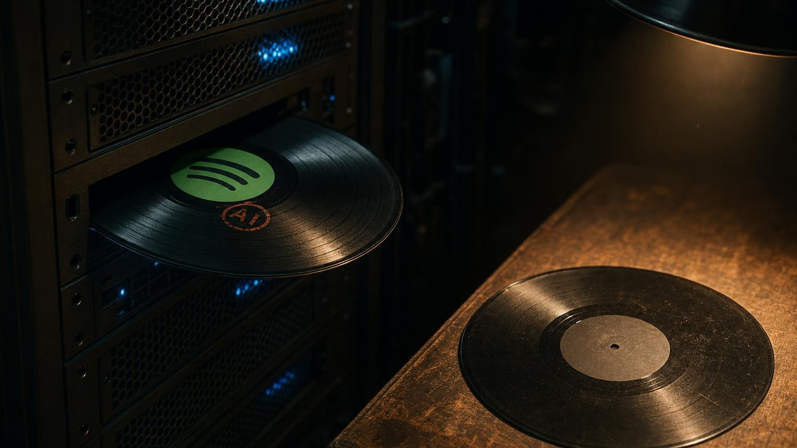 Spotify-Vinyl mit KI-Warnhinweis verschwindet im Serverschrank neben echter Schallplatte im Studiolicht