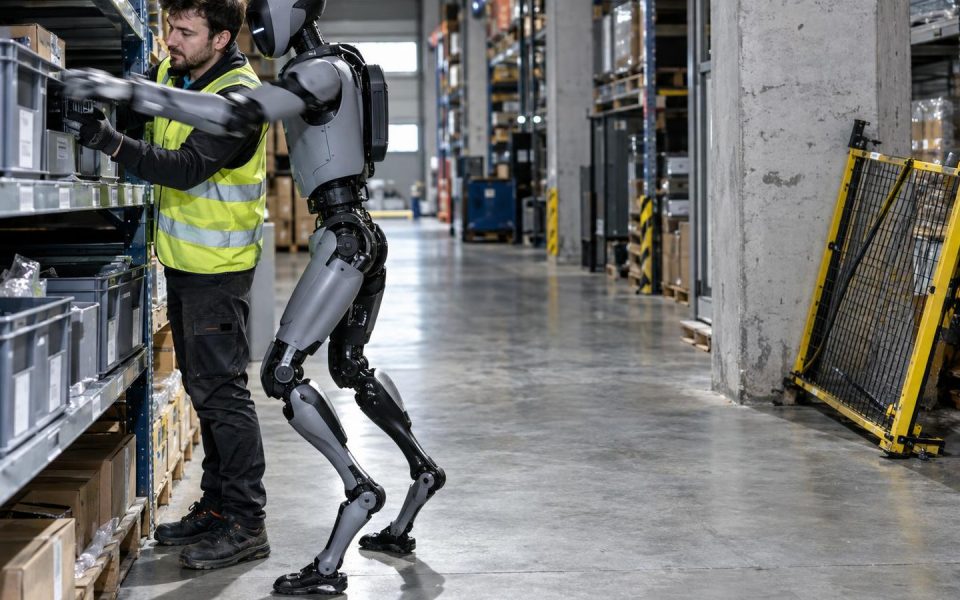 Humanoider Lagerroboter arbeitet ohne Schutzzaun direkt neben einem Menschen, im Hintergrund liegt ein abmontiertes Zaunelement