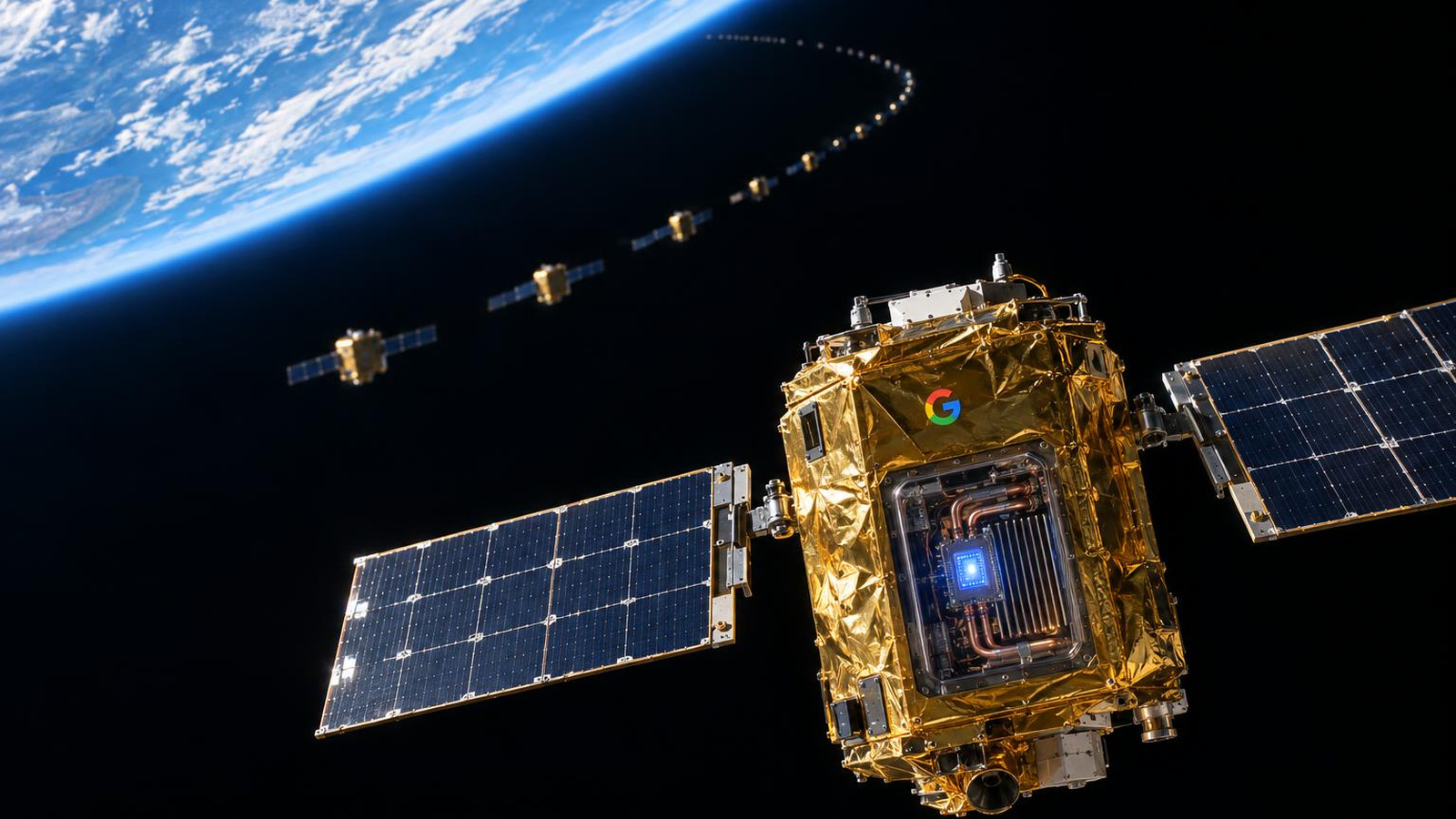 Ein Testsatellit mit Google-Logo und sichtbarem Chip schwebt vor einer Reihe winziger Satelliten im Orbit