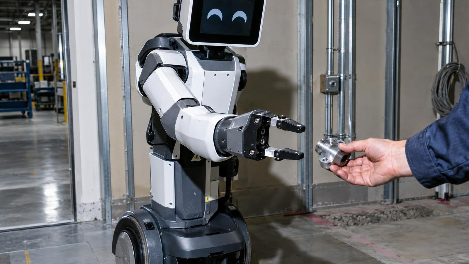 Toyota-Roboter Eley reicht einem Fabrikarbeiter ein Bauteil in einer im Umbau befindlichen Werkshalle