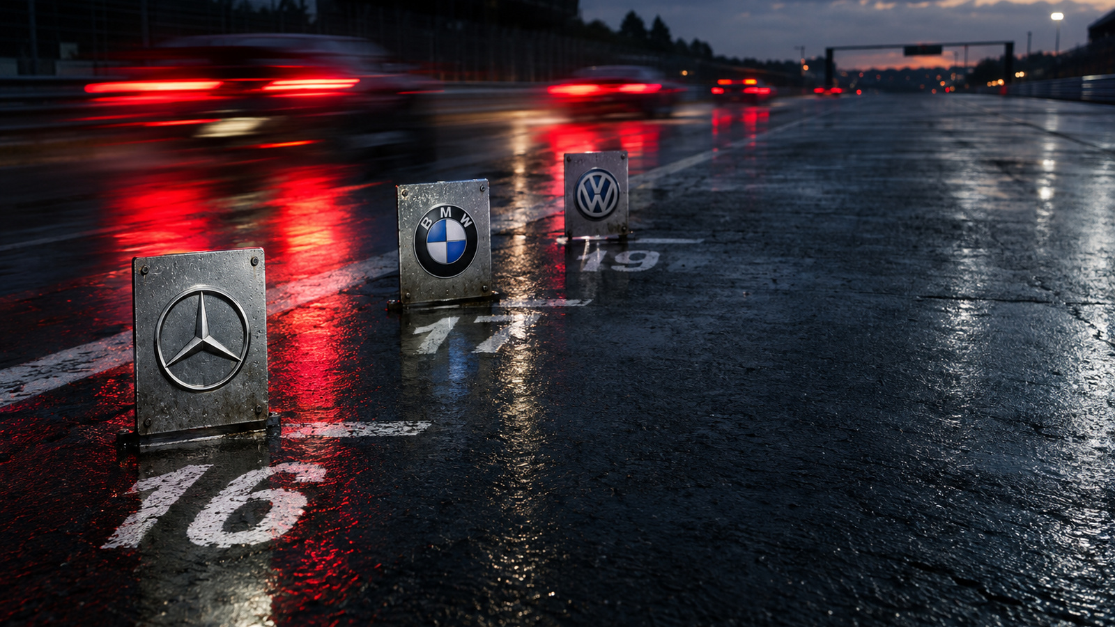 Embleme von Mercedes, BMW und VW auf hinteren Startgrid-Positionen, Konkurrenten fahren im Rücklicht-Blur vorbei