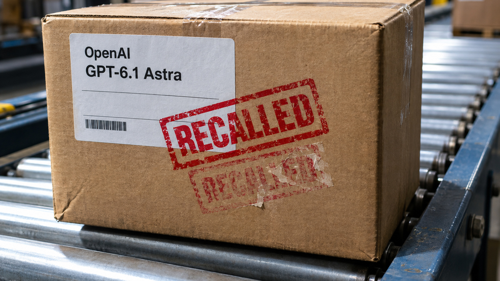 Versandkarton mit Aufschrift OpenAI GPT-6.1 Astra, überstempelt mit zwei Recall-Markierungen