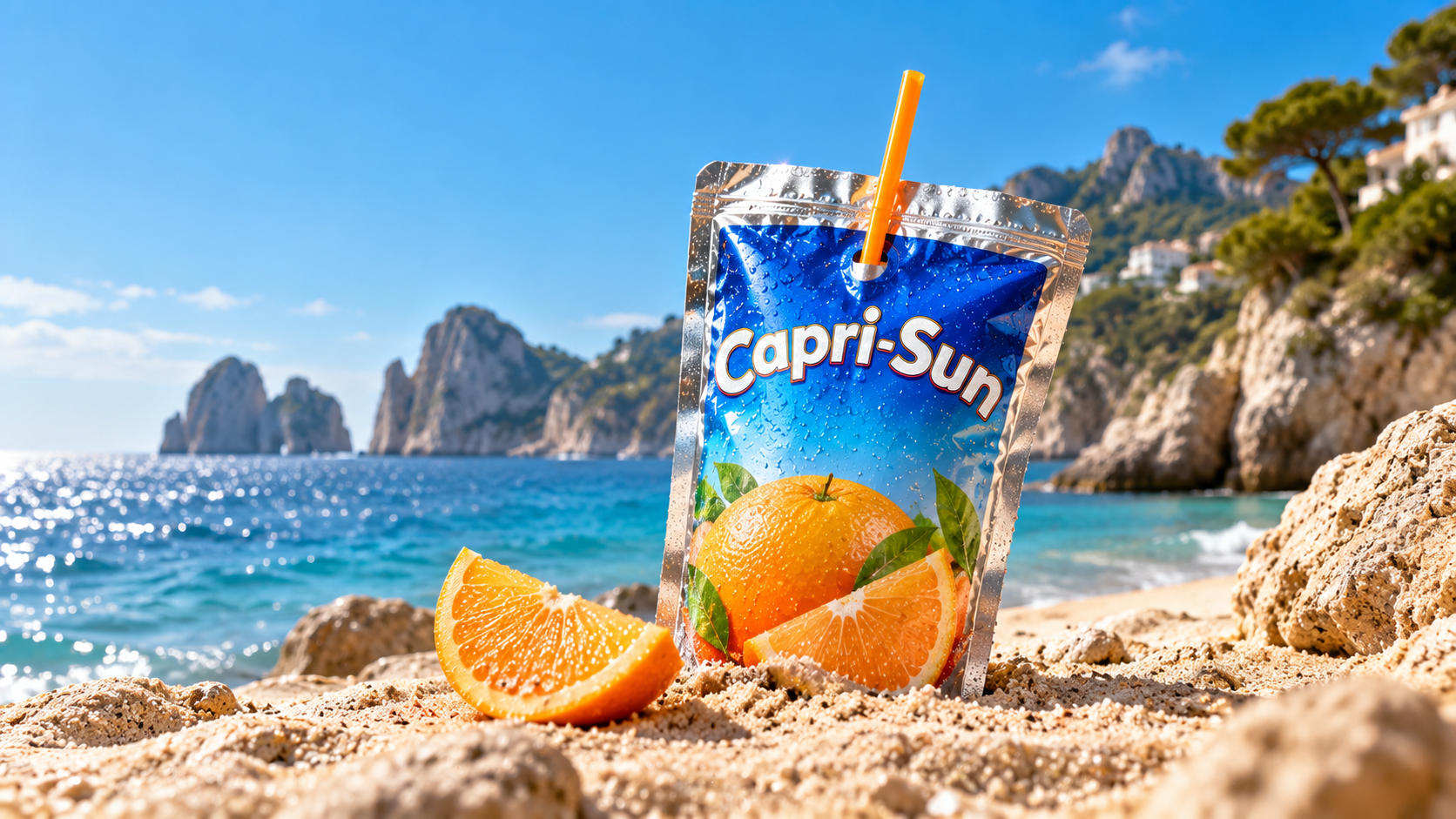 Capri-Sun am sonnigen Küstenstrand.