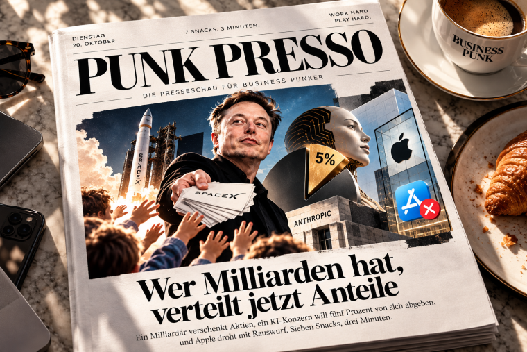 Punk Presso: Musk verschenkt SpaceX-Aktien, Anthropic gibt fünf Prozent ab