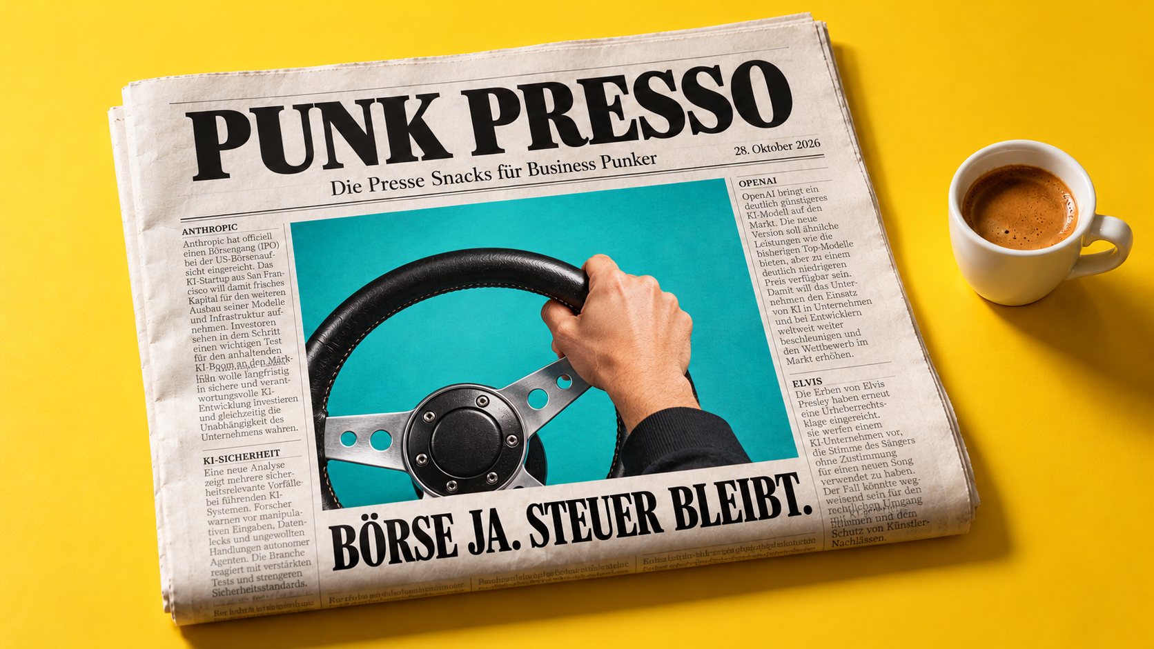 Zeitung, Lenkrad und Espresso